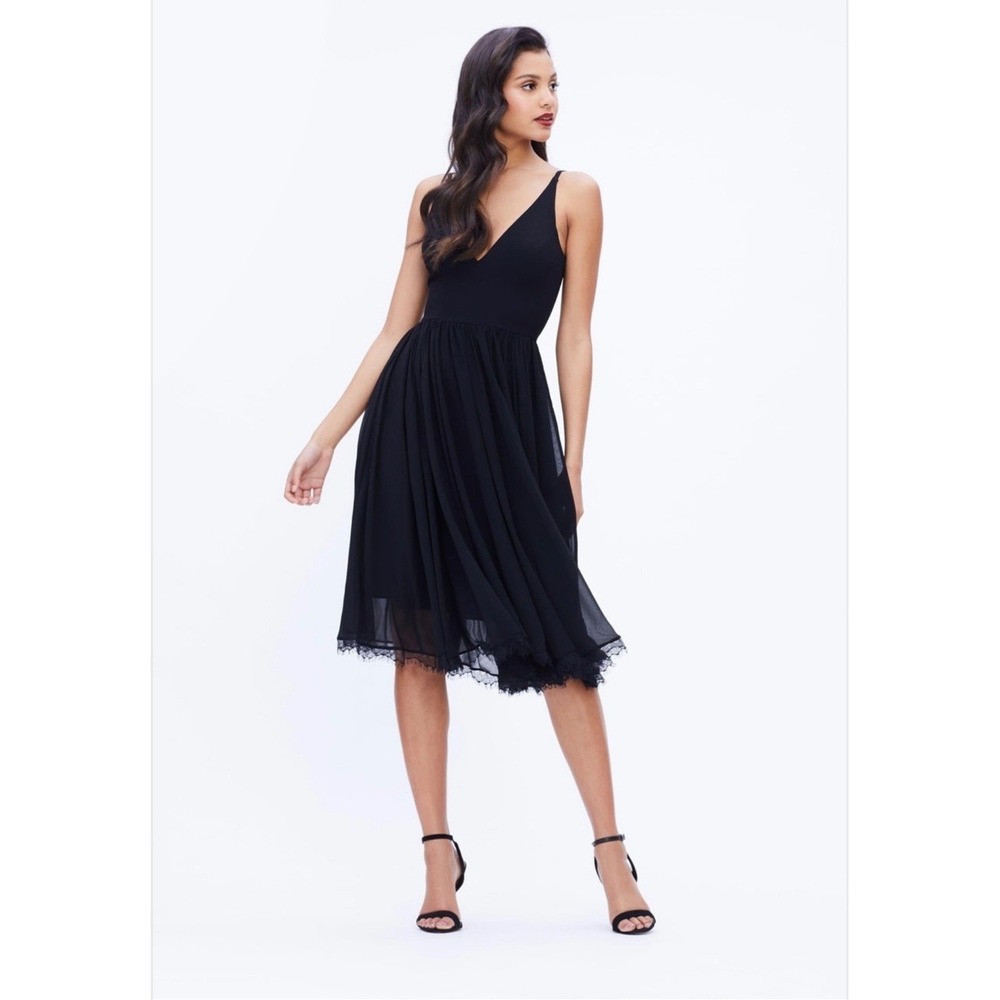Dress the Population Alicia Black Midi Dress L Plunge Fit Flare Chiffon LBD